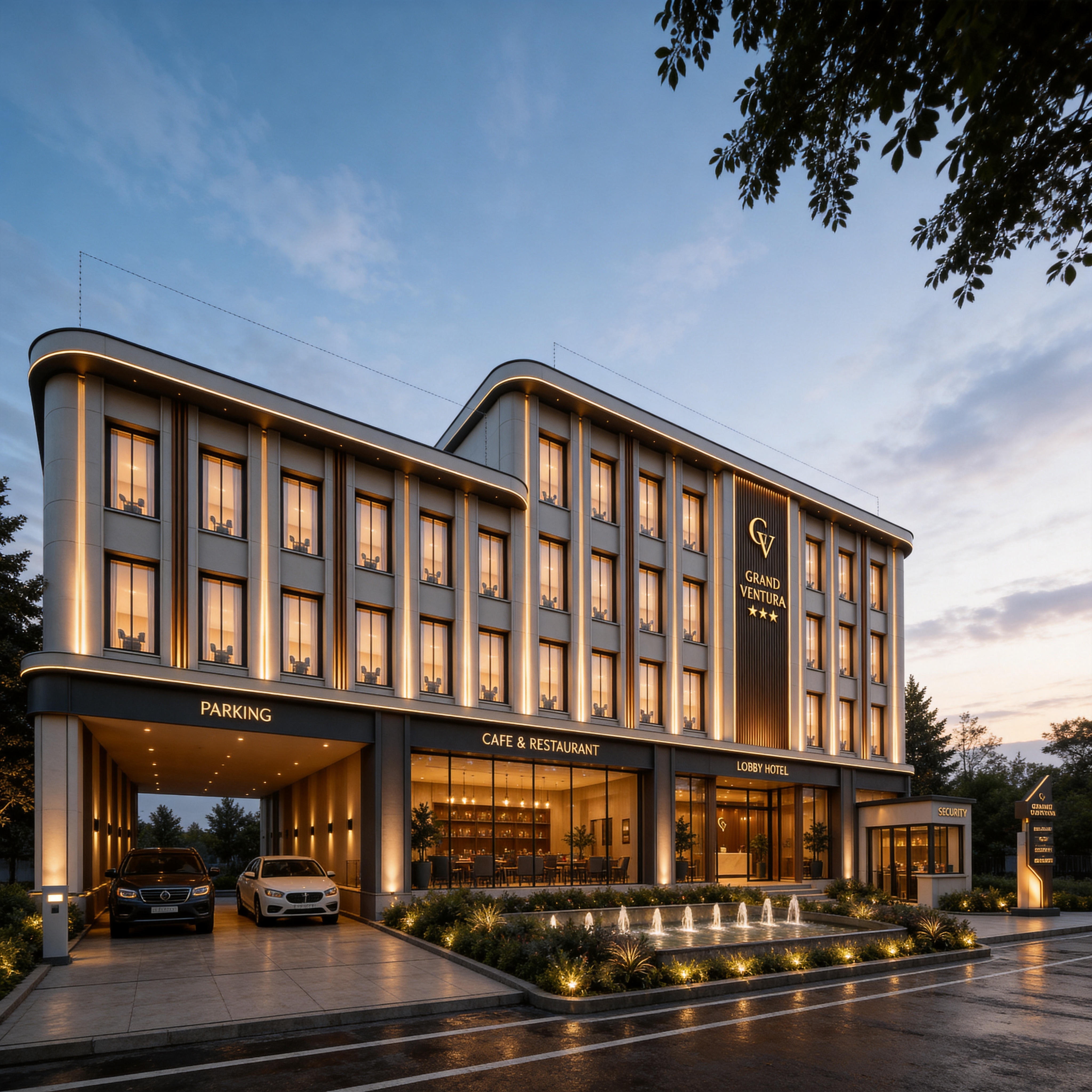 Grand Ventura at blue hour — the arrival court lit in gold