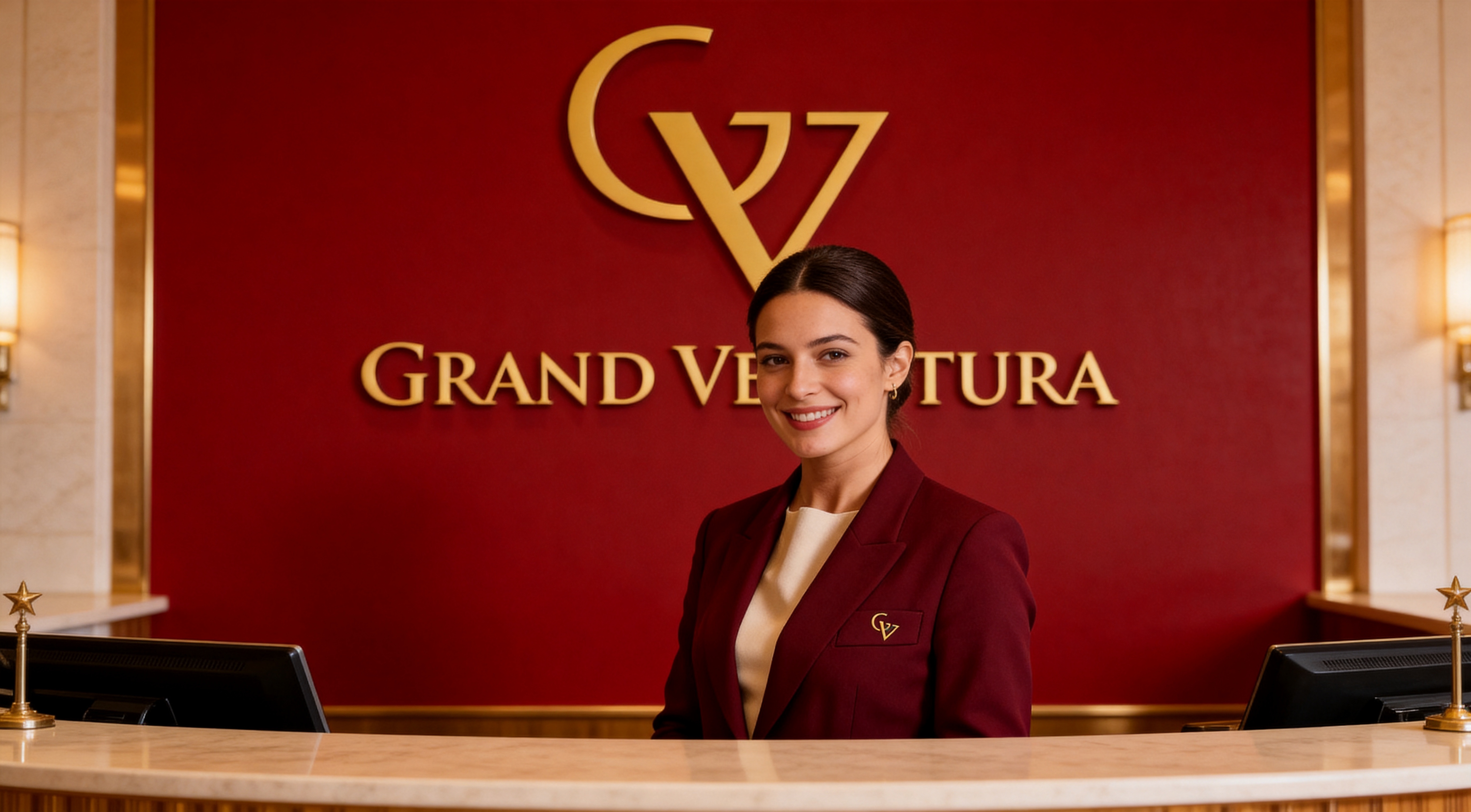 The reception of Grand Ventura — a cream desk beneath the gold monogram